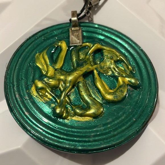 Reversible Artistic Circular Blue and Yellow Handmade Necklace - Picture 6 of 17